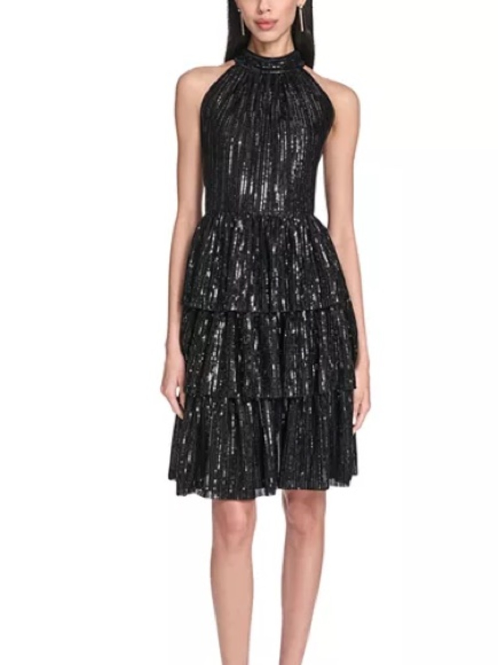 ELIZA J - Black Sequin Tiered Halter Dress